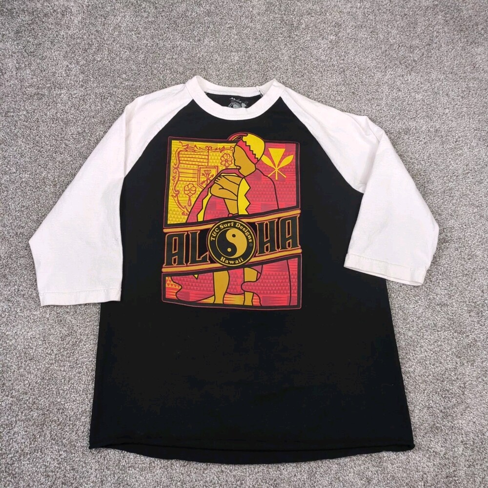 T&C Surf Design Shirt Mens Large Black Retro Raglan Sleeve Skater Hawaii Aloha
